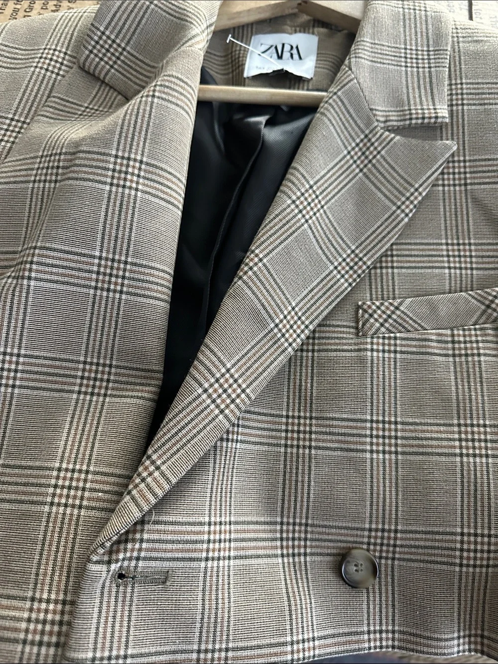 Zara Crop Blazer Jacket Plaid Tan Brown Boxy Blogger Preppy Business Casual S - Picture 14 of 16